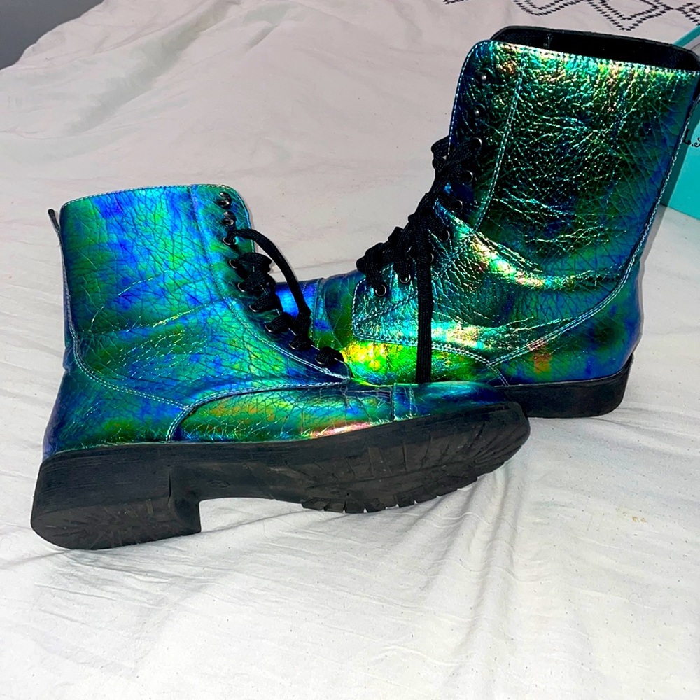 Oil slick combat boots